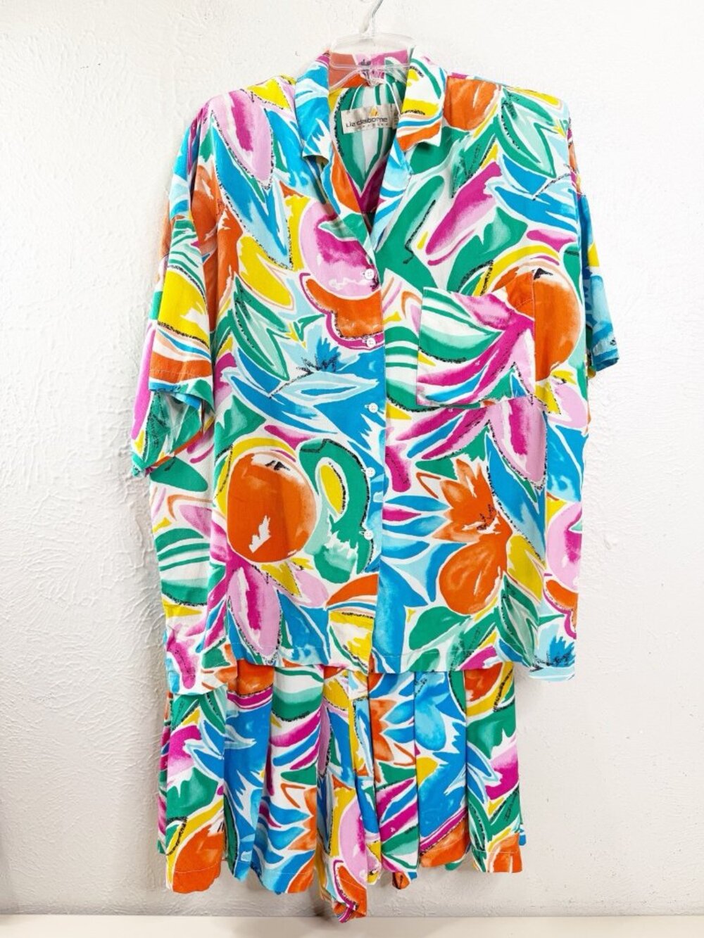 VTG Liz Claiborne Sz 12 Button Shirt & Shorts 100% Silk Bright Tropical EUC